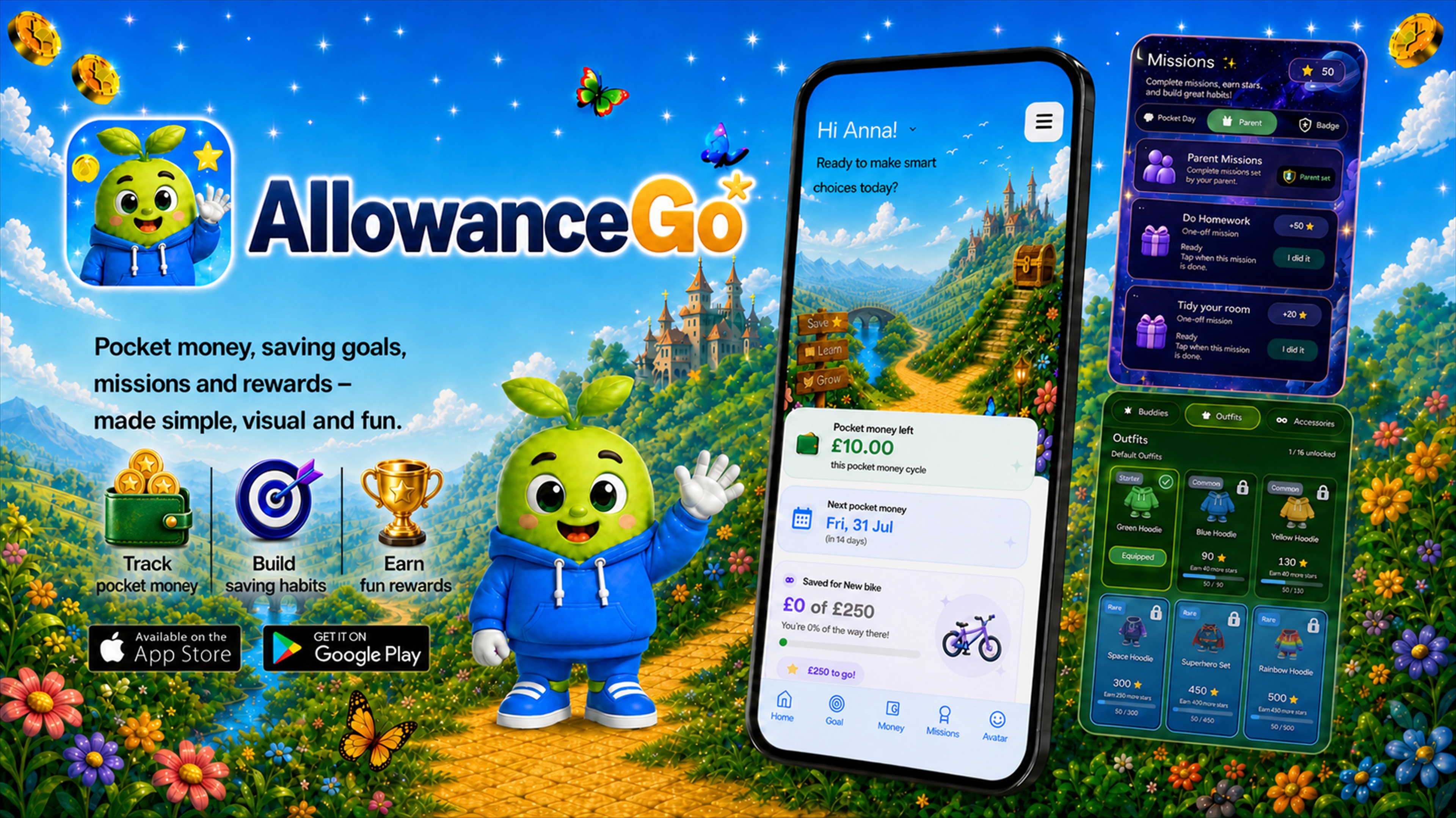 AllowanceGo allowance, chores and pocket money app for kids with missions, rewards and savings goals