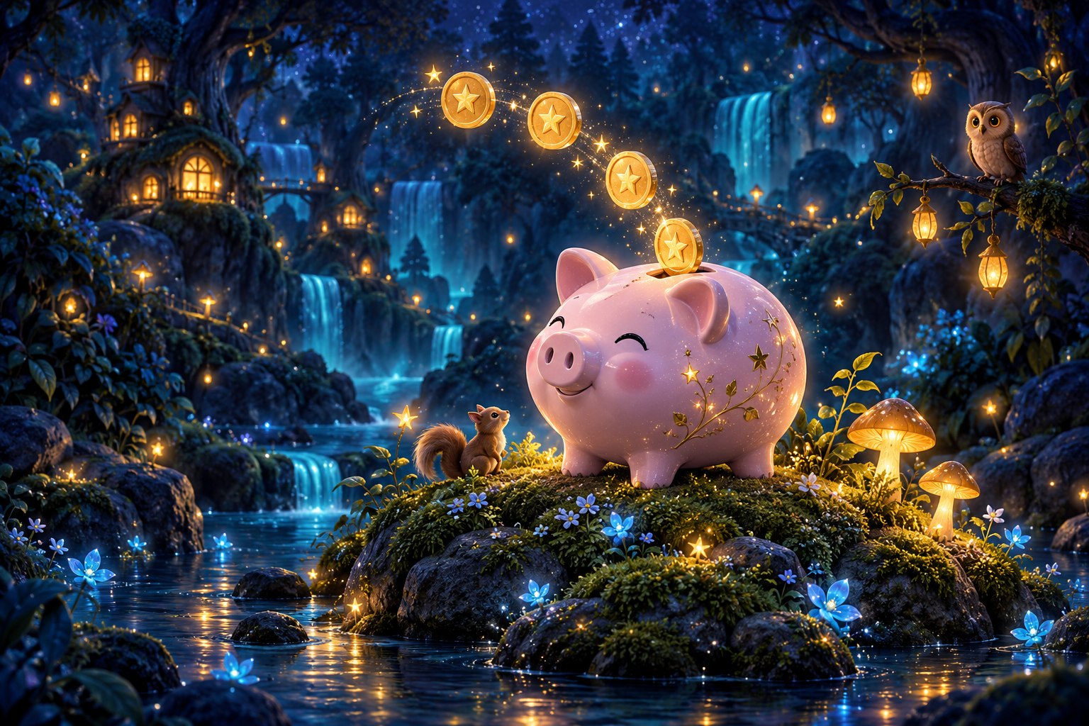 A smiling piggy bank collecting golden star coins in an enchanted woodland.