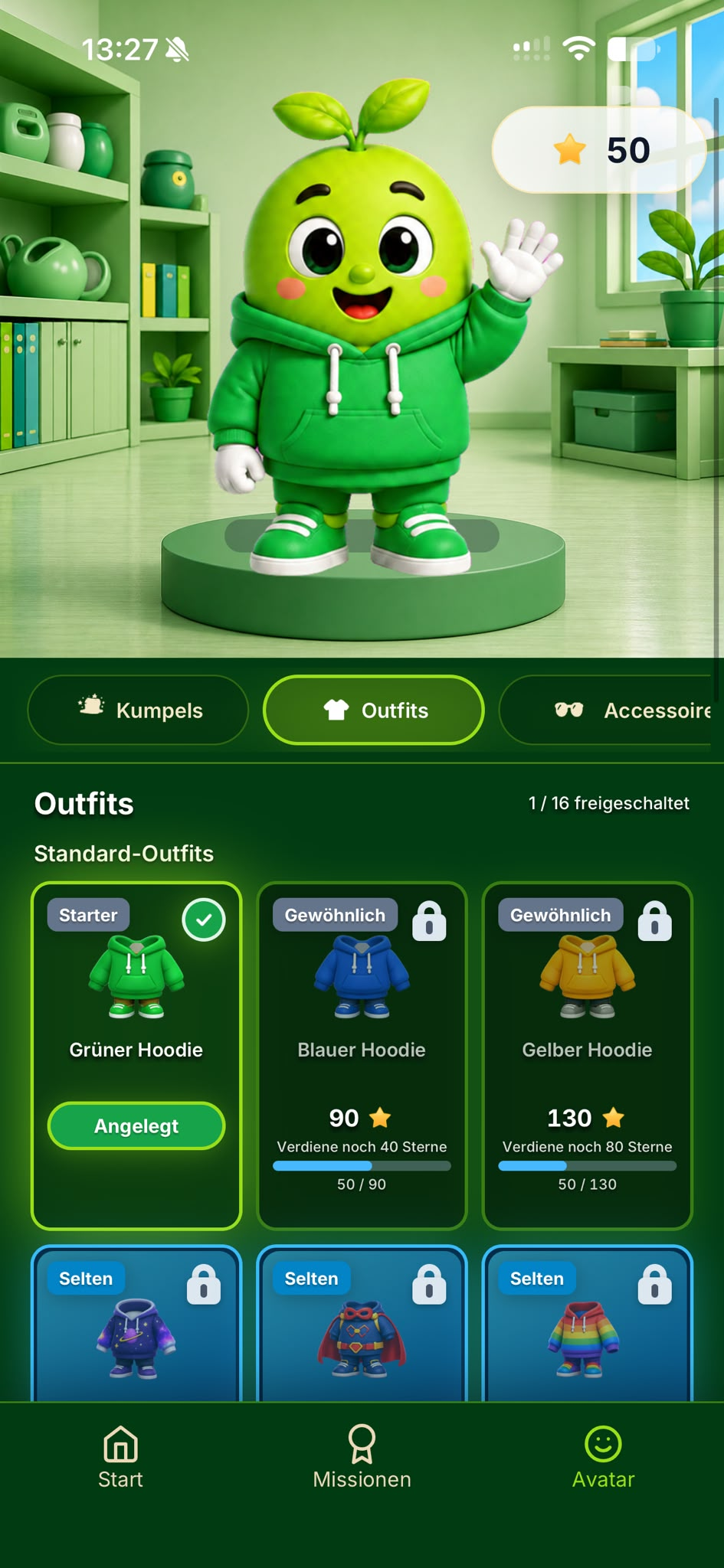 AllowanceGo-Avataransicht mit einem freundlichen Begleiter und Outfits, die mit Sternen freigeschaltet werden können.