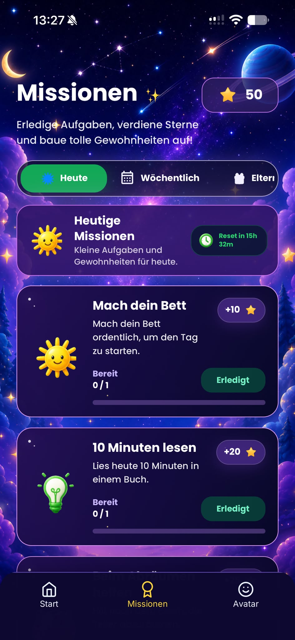 AllowanceGo-Missionsansicht mit täglichen Aufgaben, Sternenbelohnungen und Fortschritt.