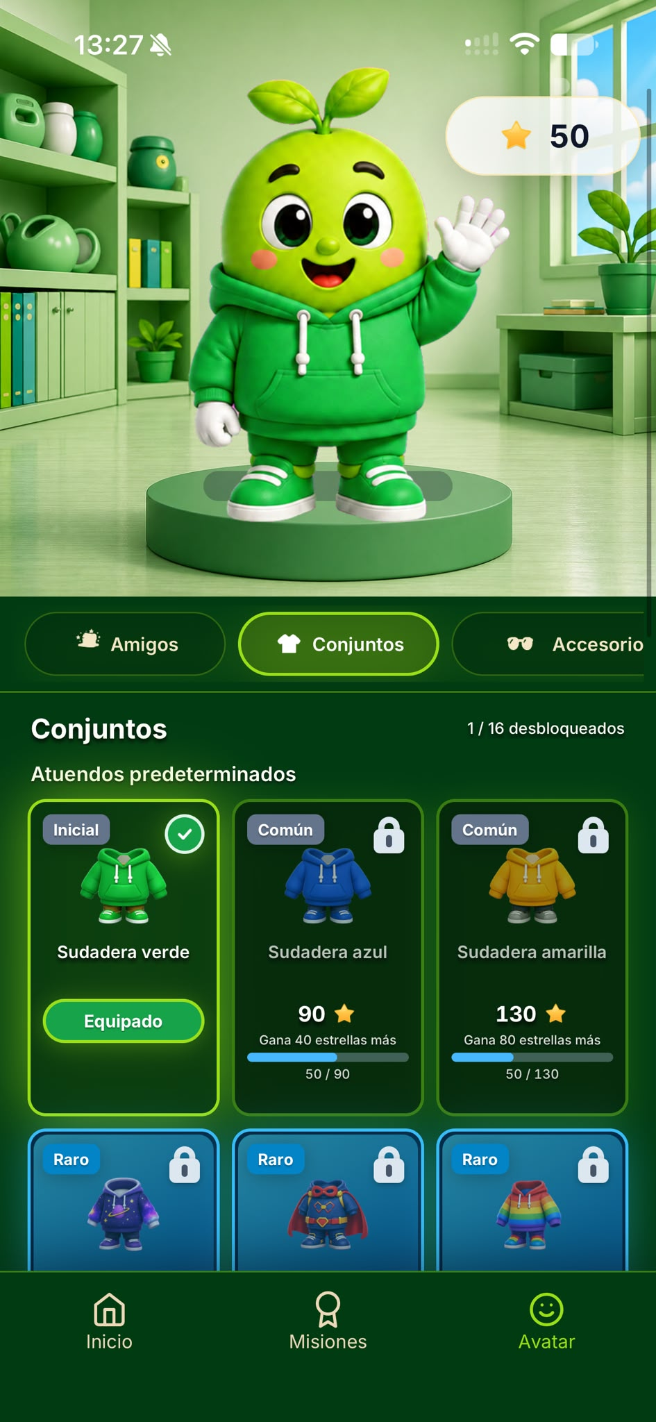 Pantalla Avatar de AllowanceGo con un simpático compañero y conjuntos que se desbloquean con estrellas.