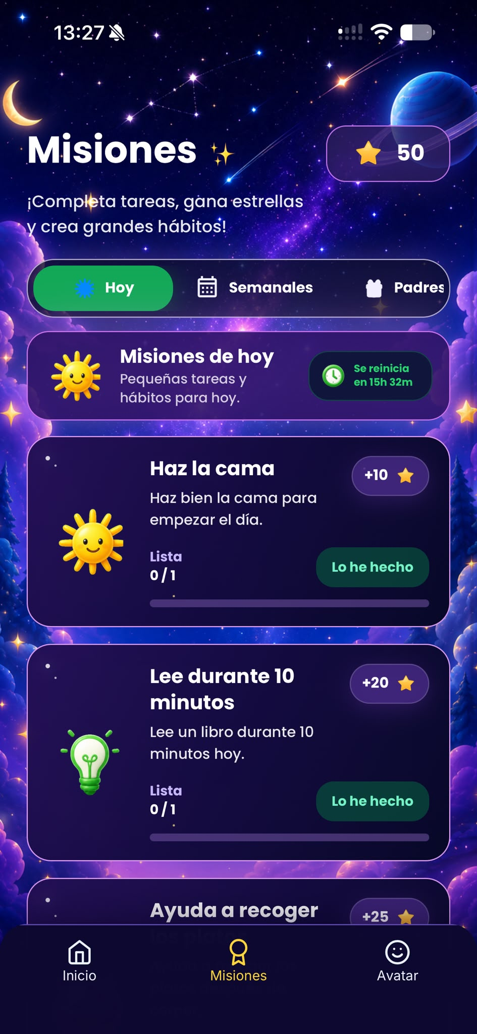 Pantalla Misiones de AllowanceGo: completar tareas diarias, ganar estrellas y desbloquear recompensas.