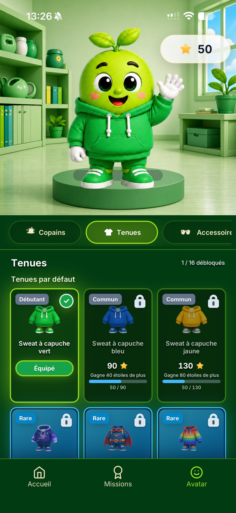Écran Avatar d’AllowanceGo montrant un compagnon et des tenues à débloquer avec des étoiles.