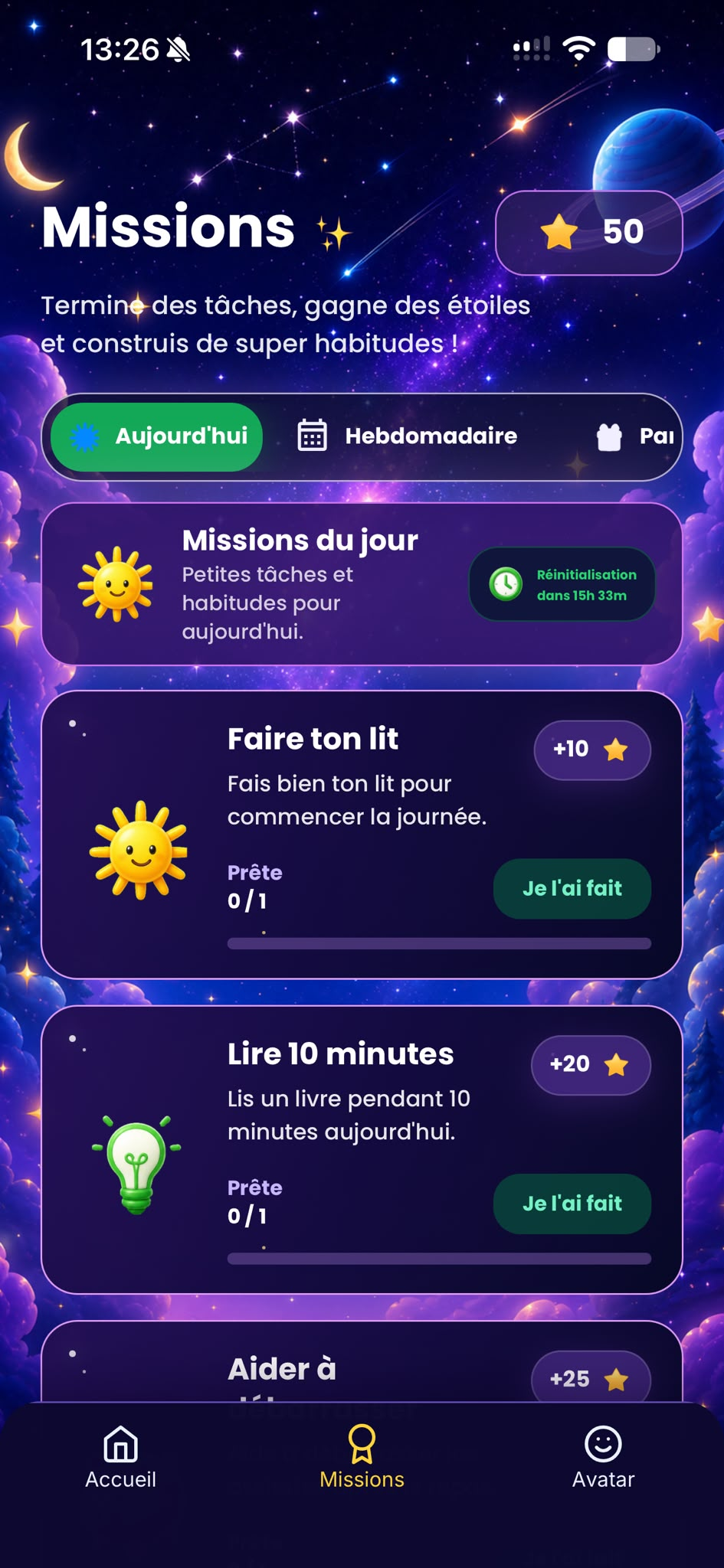 Écran Missions d’AllowanceGo avec tâches quotidiennes, récompenses en étoiles et progression.